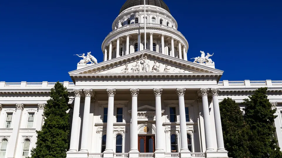 The California State Capitol dome and columned entrance in Sacramento