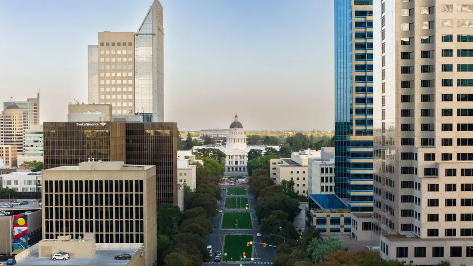 A tree-lined avenue running toward the Capitol in downtown Sacramento