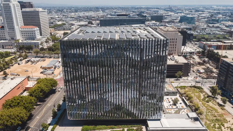 A modern glass-and-steel courthouse in downtown Los Angeles, California
